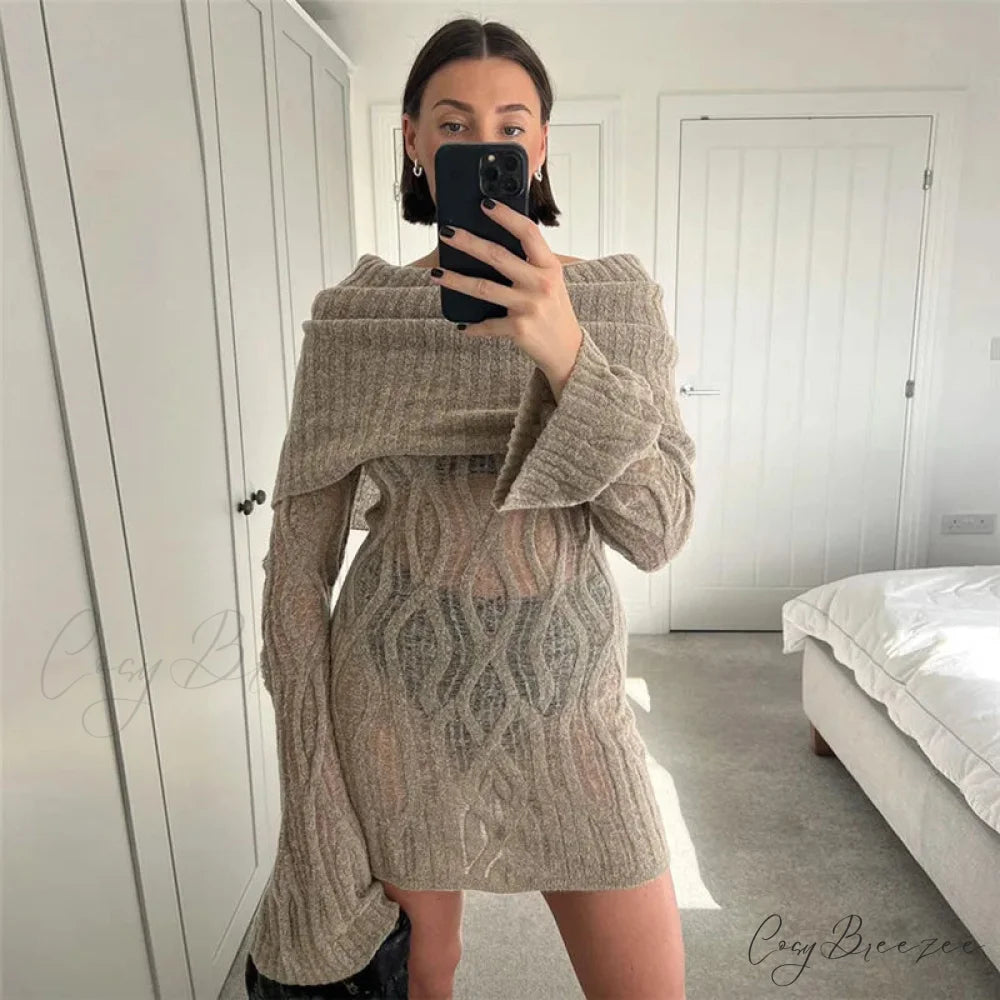 Sheer Knitted Stylish Off-Shoulder Mini Dress