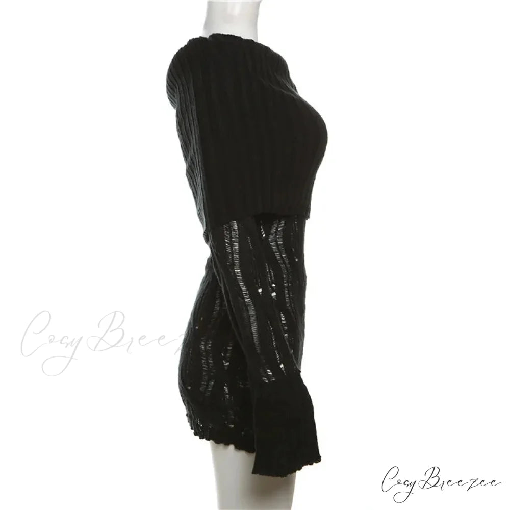 Sheer Knitted Stylish Off-Shoulder Mini Dress