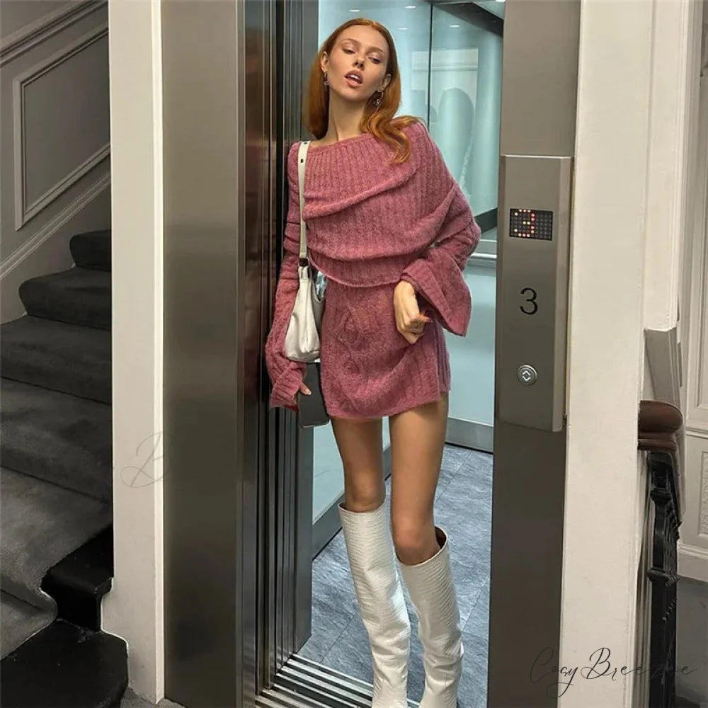 Sheer Knitted Stylish Off-Shoulder Mini Dress