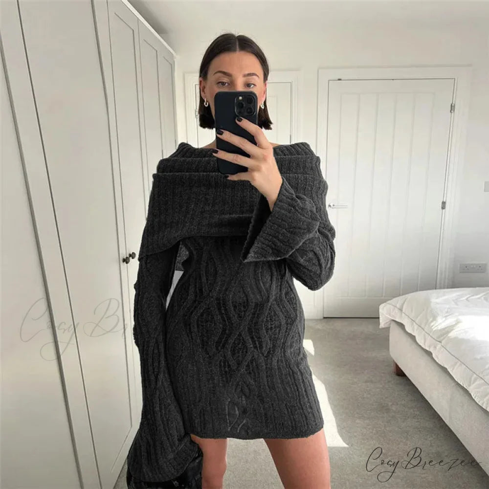Sheer Knitted Stylish Off-Shoulder Mini Dress Black / S