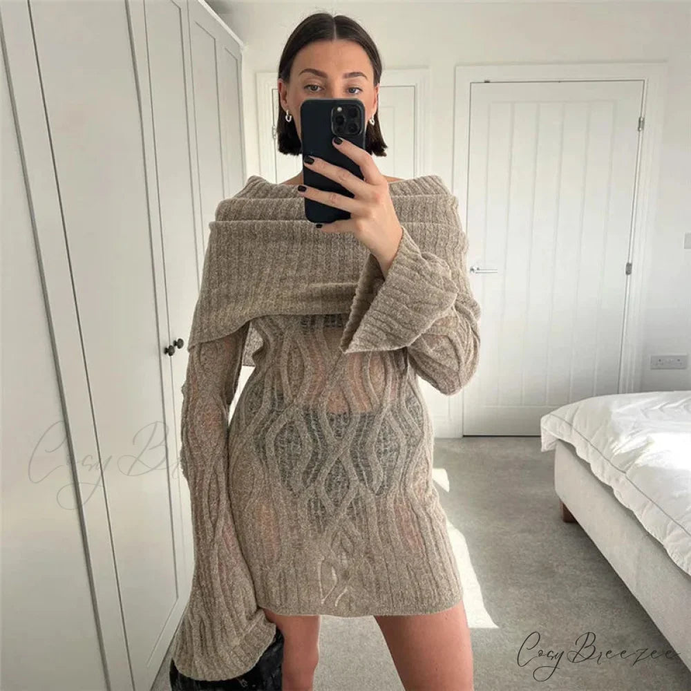Sheer Knitted Stylish Off-Shoulder Mini Dress Khaki / S