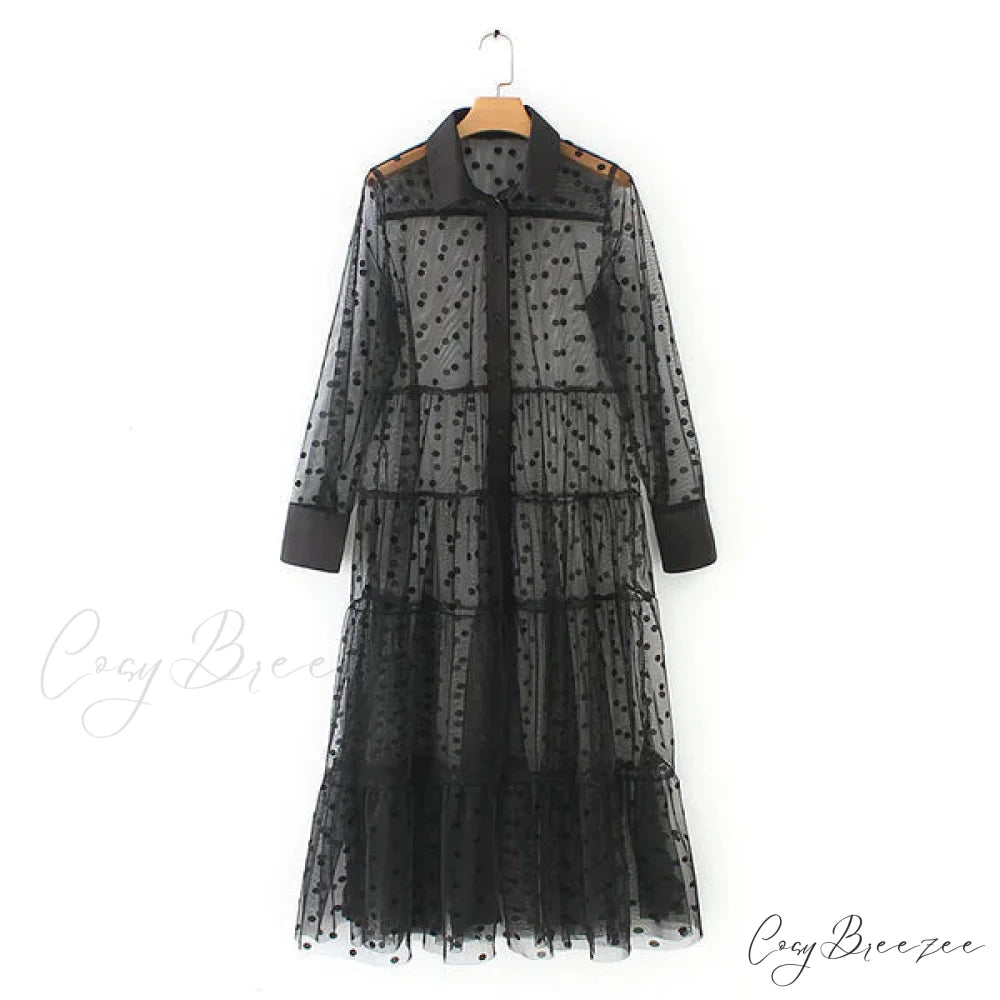 Sheer Lace Cover Up with Polka Dot Pattern for Summer L / Black