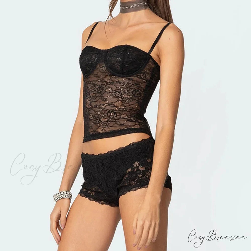 Sheer Lace Cupped Corset Hook Eye Back Crop Top See-Through Shorts Two Pieces Set twopiecesset-250126