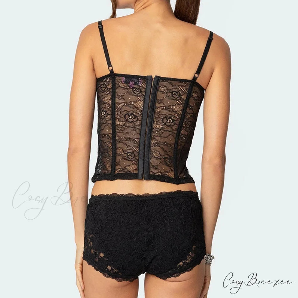 Sheer Lace Cupped Corset Hook Eye Back Crop Top See-Through Shorts Two Pieces Set twopiecesset-250126
