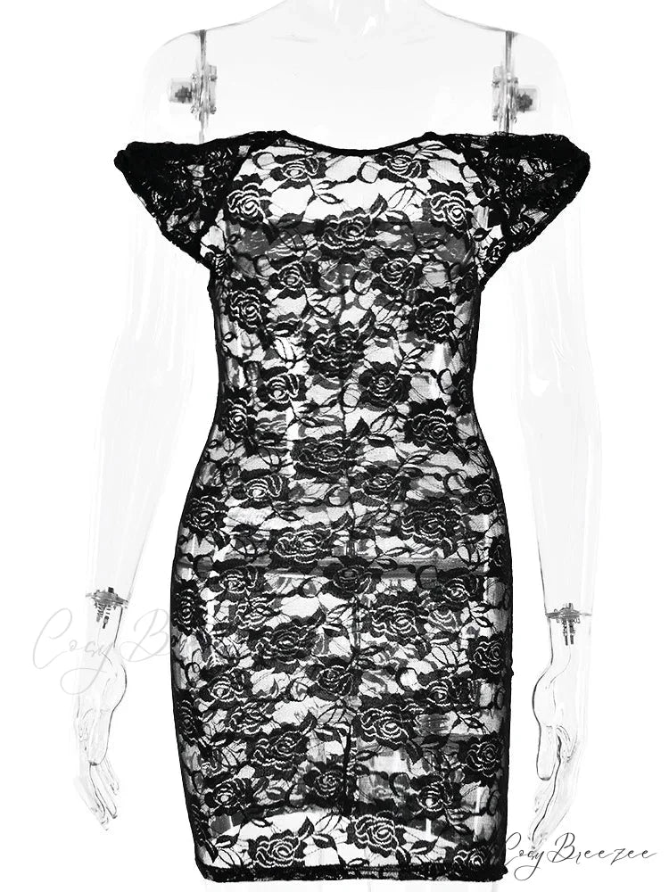 Sheer Lace Floral Off-shoulder Bodycon Mini Dress Black / S floraldress-250126