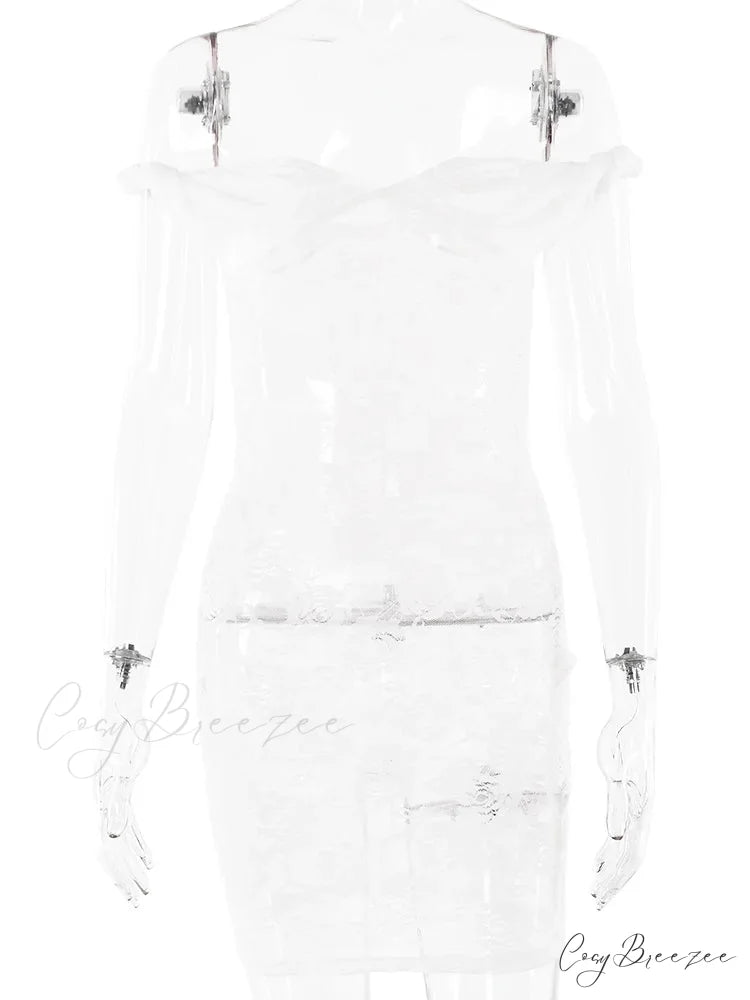 Sheer Lace Floral Off-shoulder Bodycon Mini Dress WHITE / S floraldress-250126