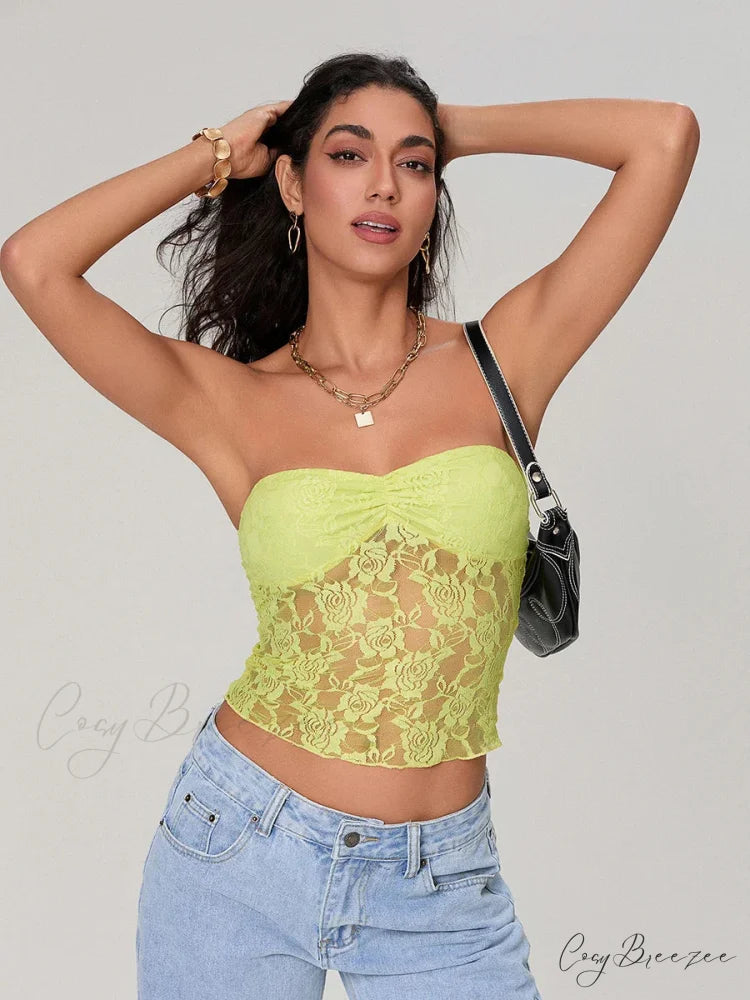 Sheer Lace Off-shoulder Strapless Low Cut Bandeau Top croptop-250126
