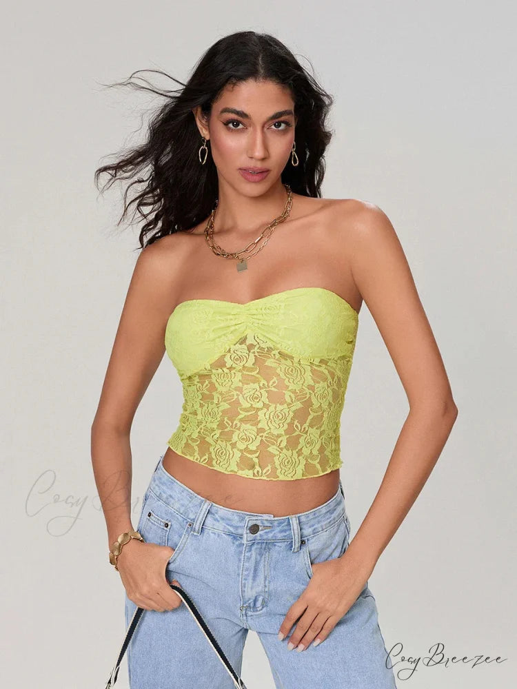 Sheer Lace Off-shoulder Strapless Low Cut Bandeau Top Green / S croptop-250126