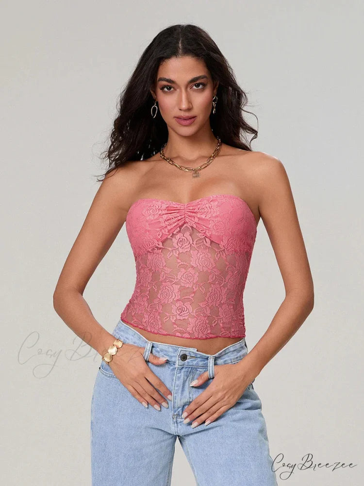 Sheer Lace Off-shoulder Strapless Low Cut Bandeau Top Pink / S croptop-250126