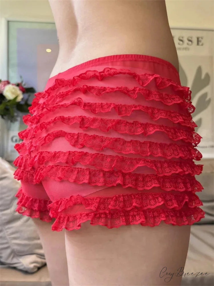 Sheer Mesh Ruffle Sleep Shorts short-250223