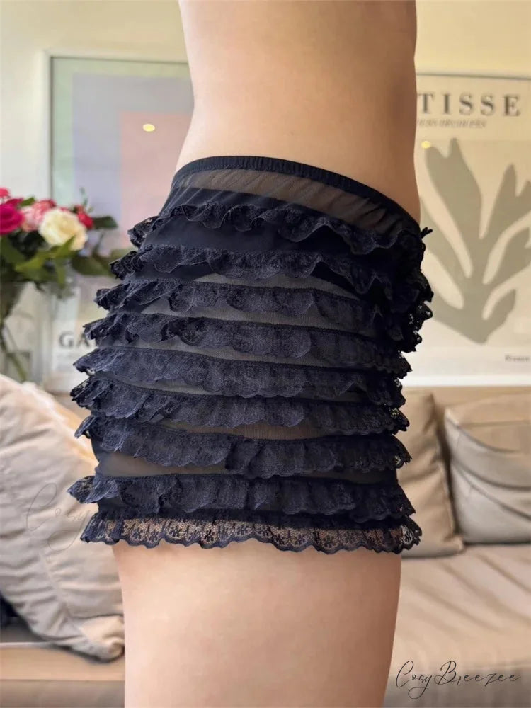Sheer Mesh Ruffle Sleep Shorts short-250223