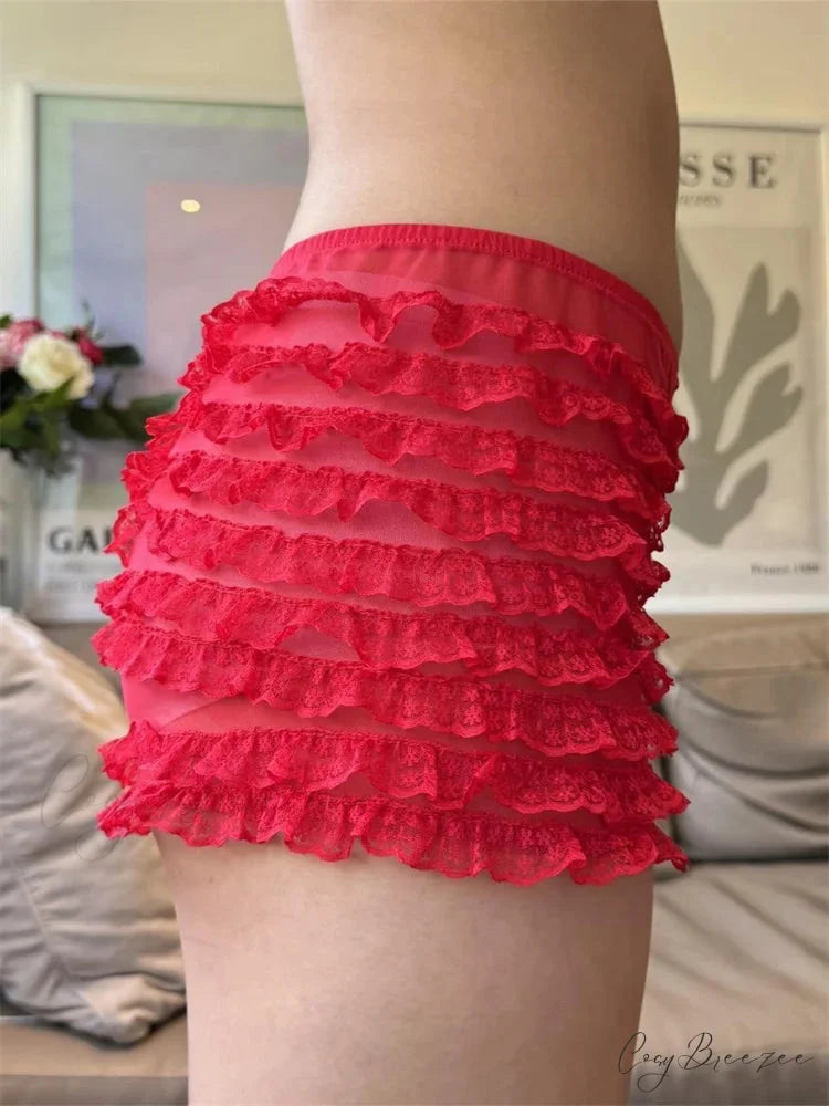 Sheer Mesh Ruffle Sleep Shorts short-250223