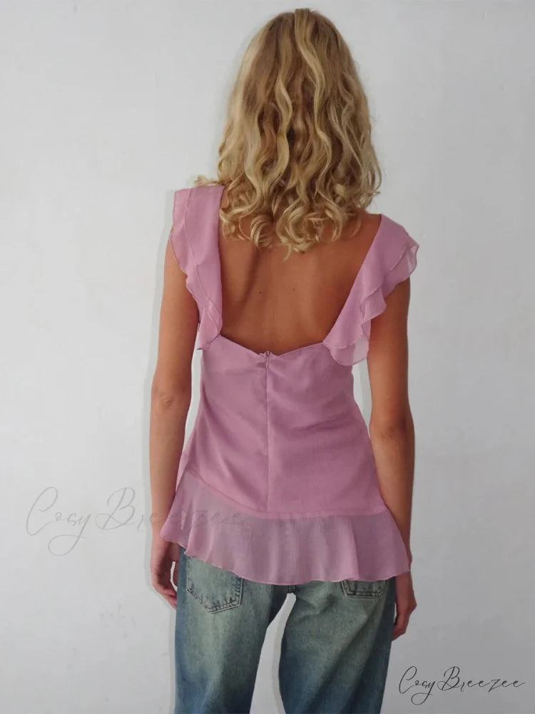 Sheer Mesh Sleeveless Backless 3D Stylish Elegant Trendy Chic Ruffle Crop Top