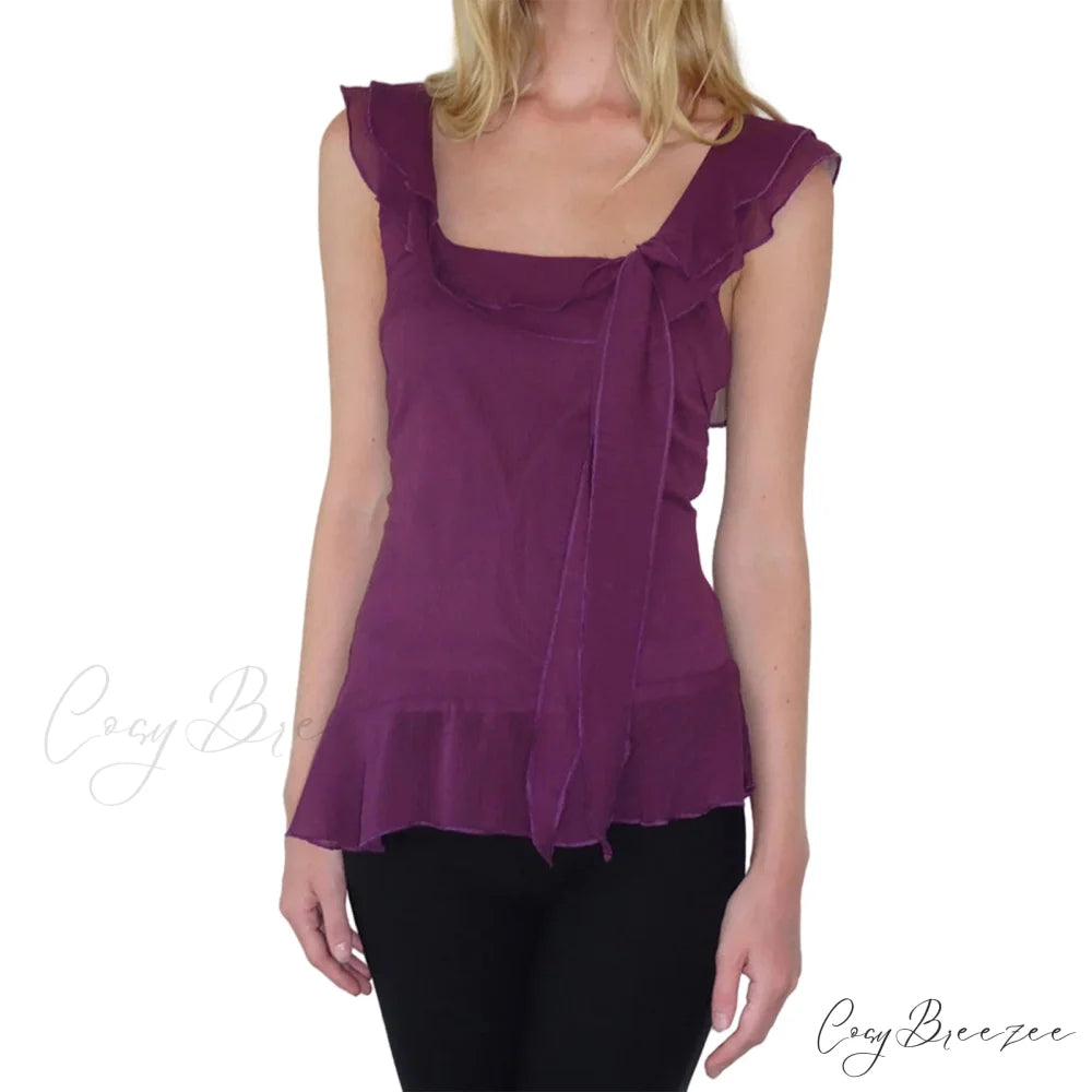Sheer Mesh Sleeveless Backless 3D Stylish Elegant Trendy Chic Ruffle Crop Top Dark Purple / S
