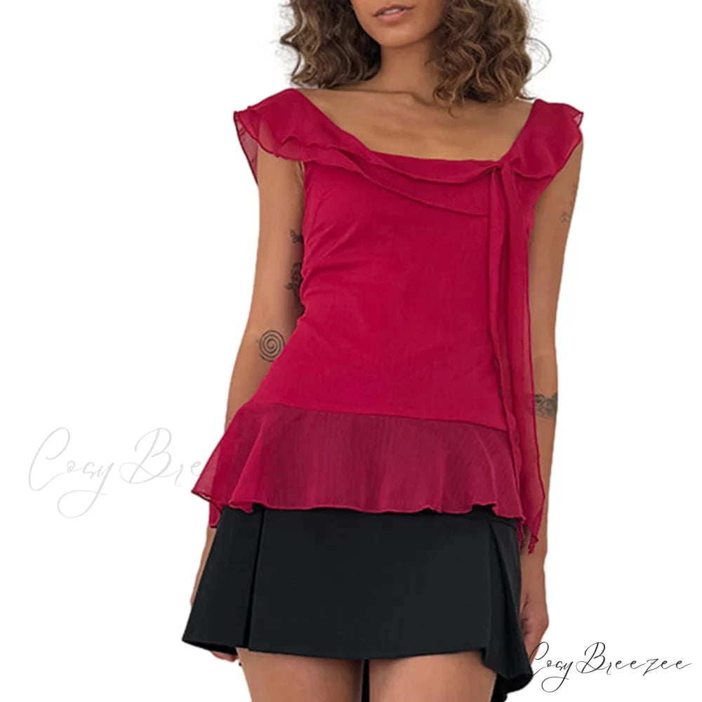 Sheer Mesh Sleeveless Backless 3D Stylish Elegant Trendy Chic Ruffle Crop Top Red / S