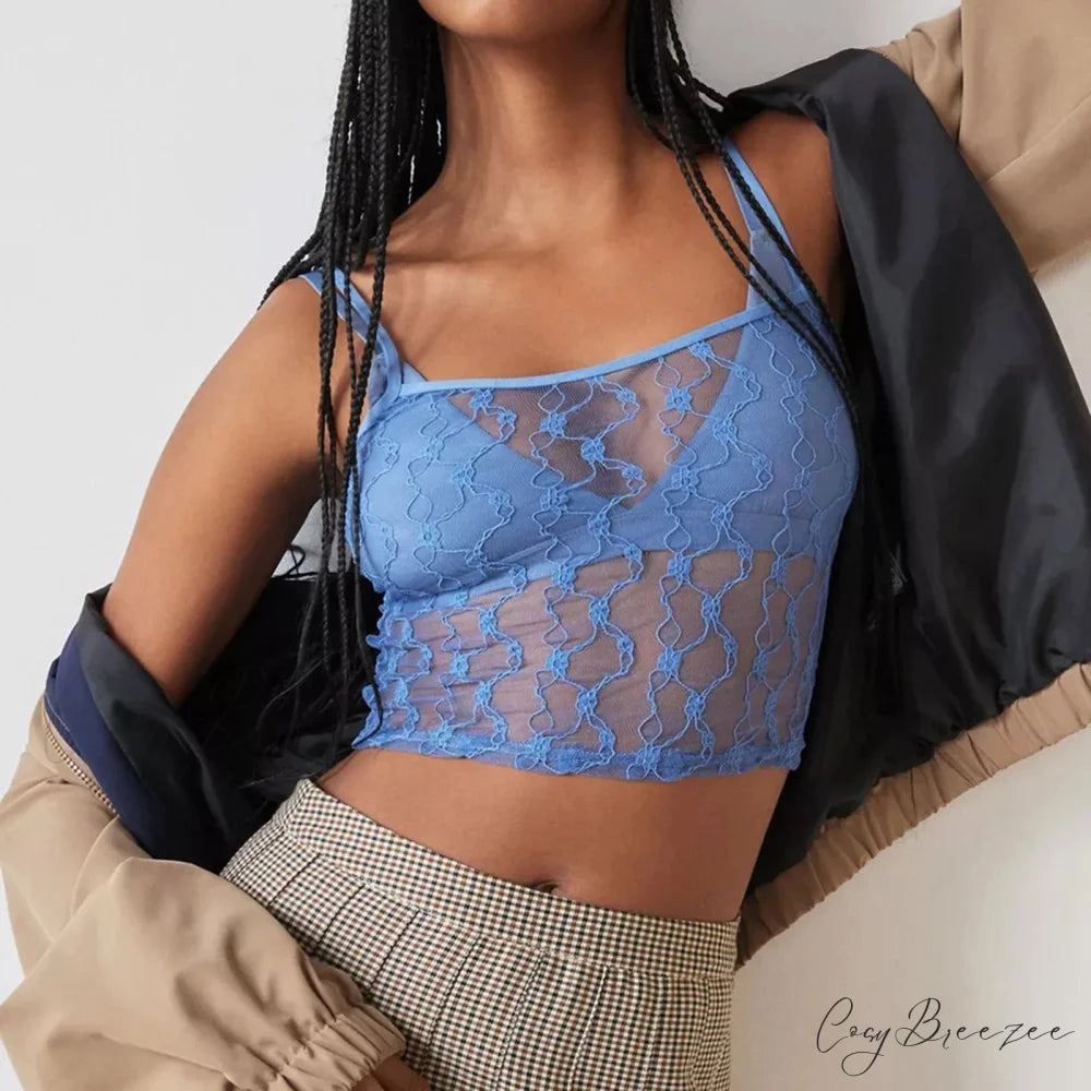 Sheer Mesh Square Neck Crop Top Blue / S croptop-250223