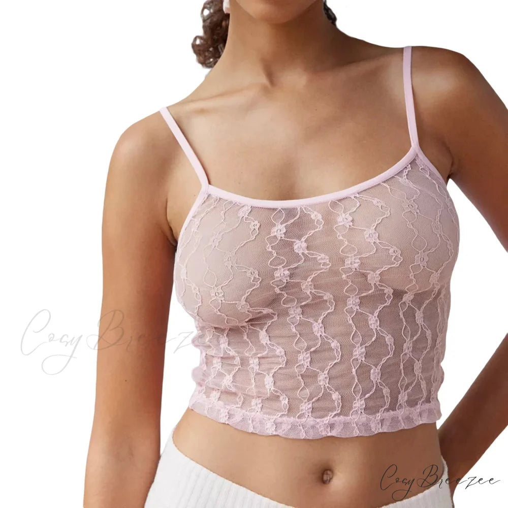 Sheer Mesh Square Neck Crop Top Pink / S croptop-250223
