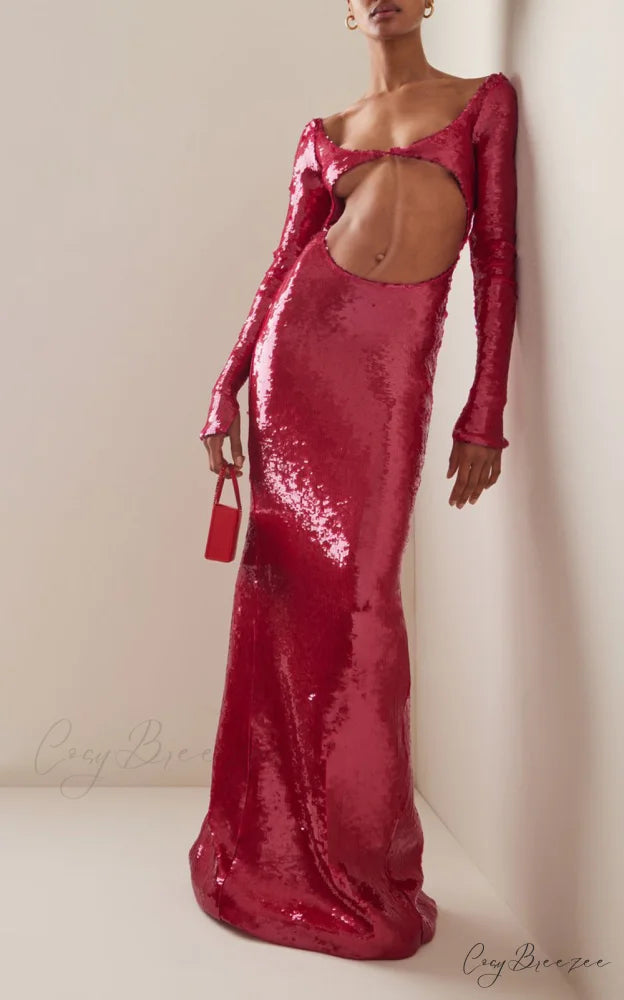 Sheer Panel Beaded Slit Prom Dress red / XS promdress-250223