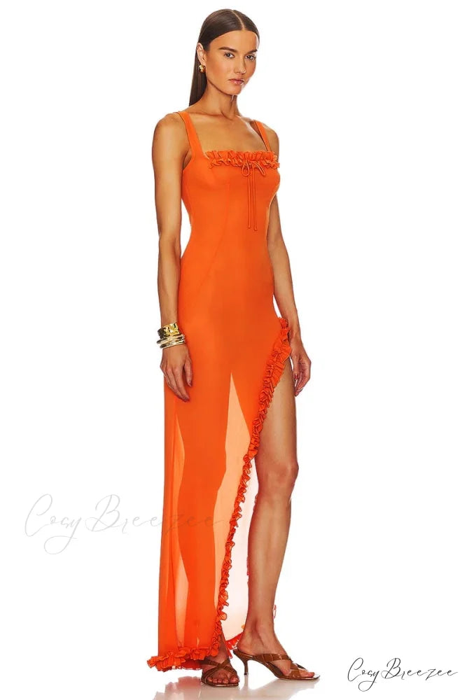Sheer Sophistication Orange Trendy Asymmetric Maxi Dress