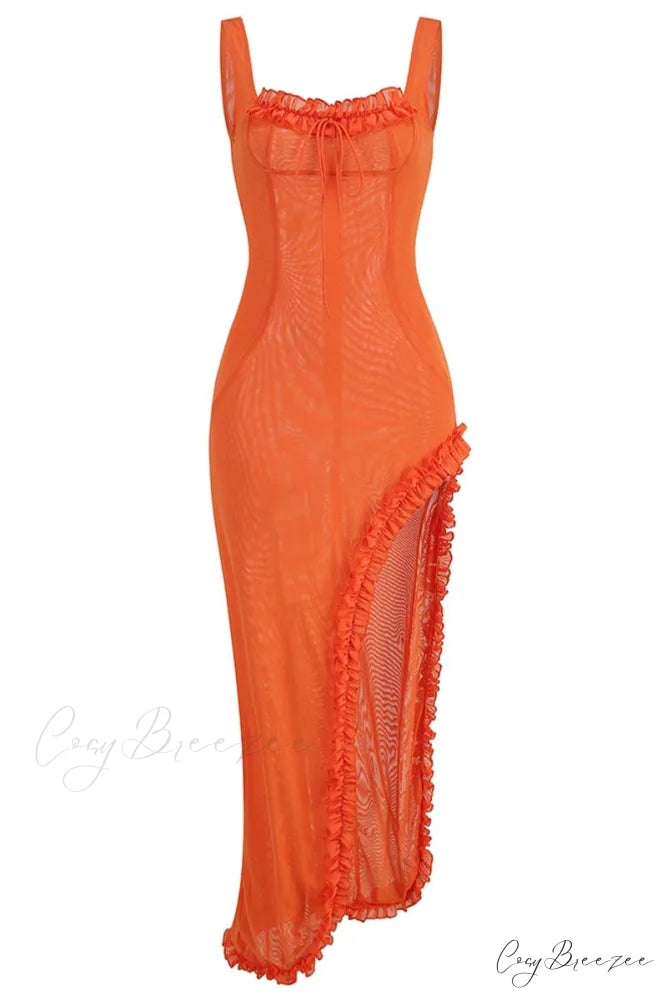 Sheer Sophistication Orange Trendy Asymmetric Maxi Dress
