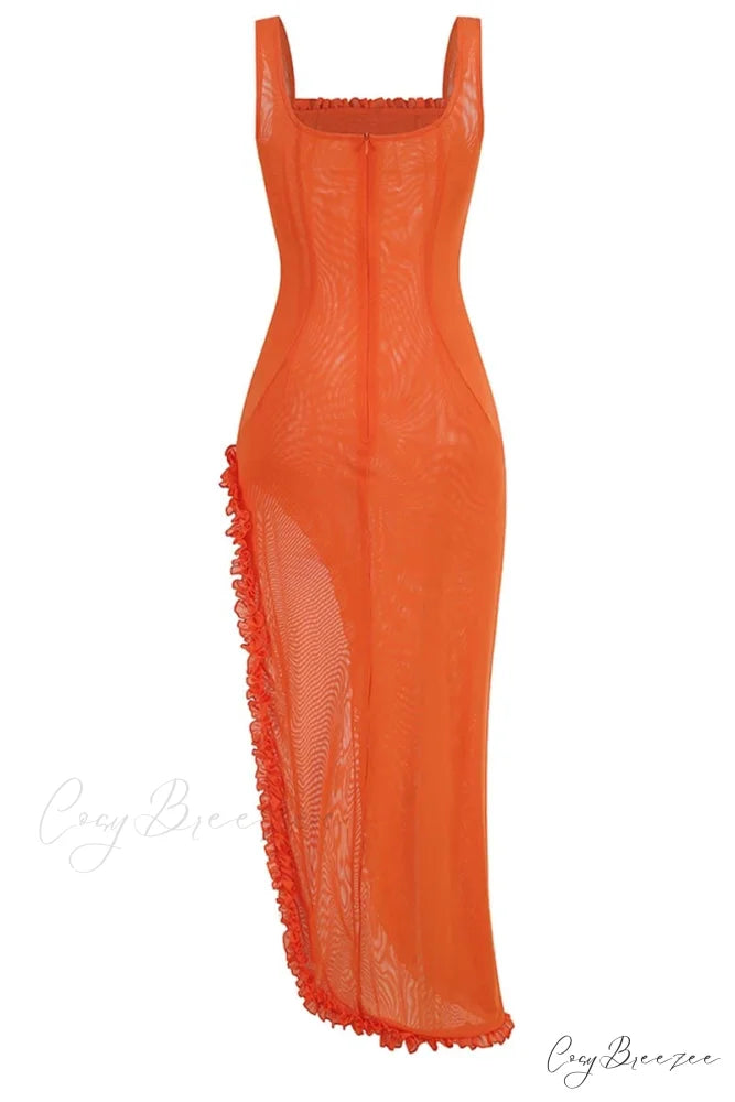 Sheer Sophistication Orange Trendy Asymmetric Maxi Dress
