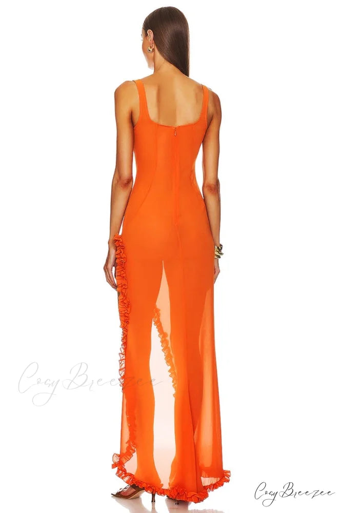 Sheer Sophistication Orange Trendy Asymmetric Maxi Dress
