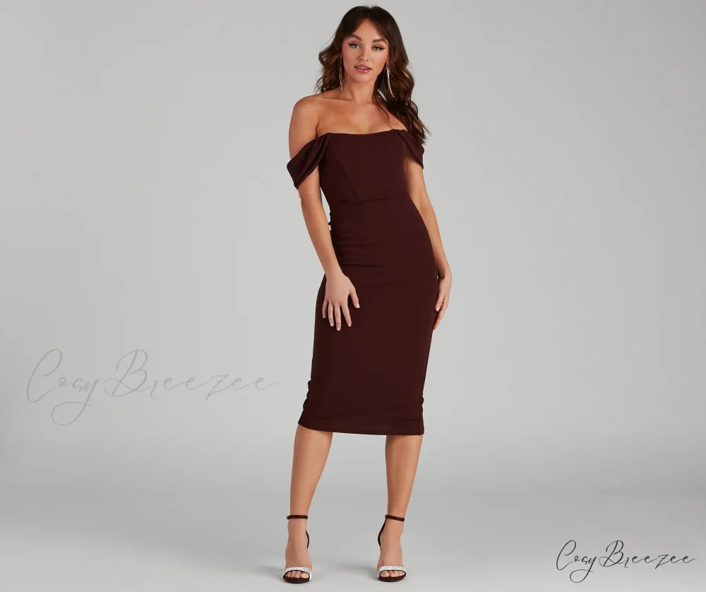 Sheila Crepe Corset Charming Midi Formal Dress BROWN / L