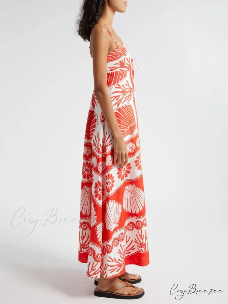 Shell Unique Print Front Graceful Lace-Up Loose Maxi Dress