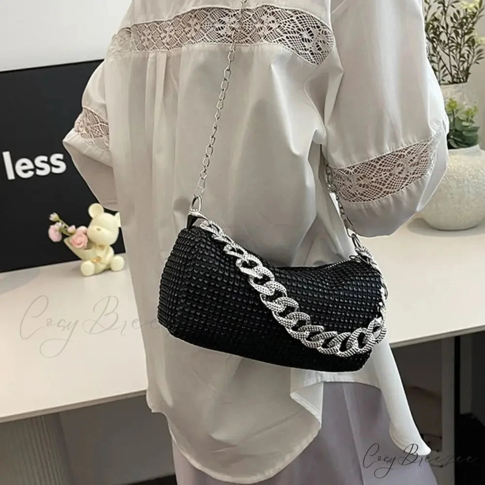 Shiny Banquet Glitter Crossbody Cuba Chain Bag Black clutchbag-250126