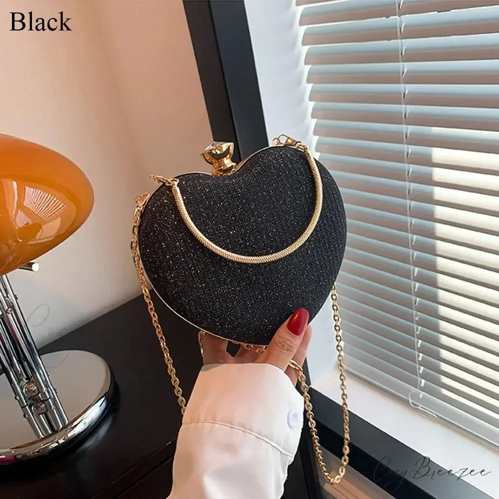 Shiny Heart Shape Evening Clutch Chain Shoulder Bag Black clutchbag-250126
