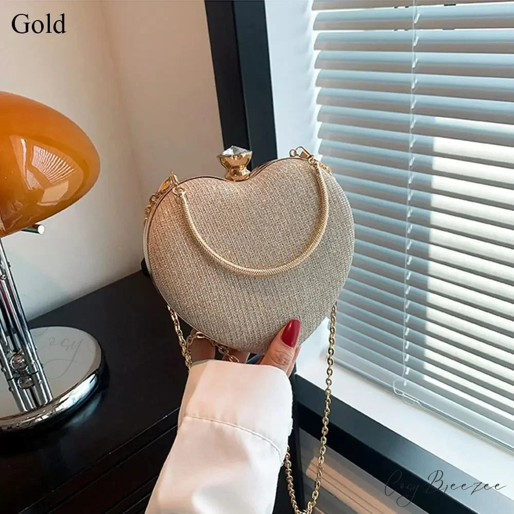 Shiny Heart Shape Evening Clutch Chain Shoulder Bag Gold clutchbag-250126
