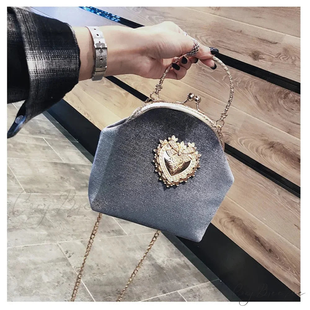 Shiny Heart Shape Evening Clutch Chain Shoulder Bag GRAY clutchbag-250126