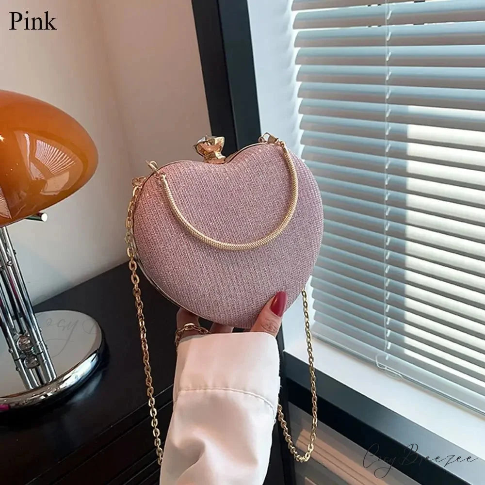 Shiny Heart Shape Evening Clutch Chain Shoulder Bag Pink clutchbag-250126