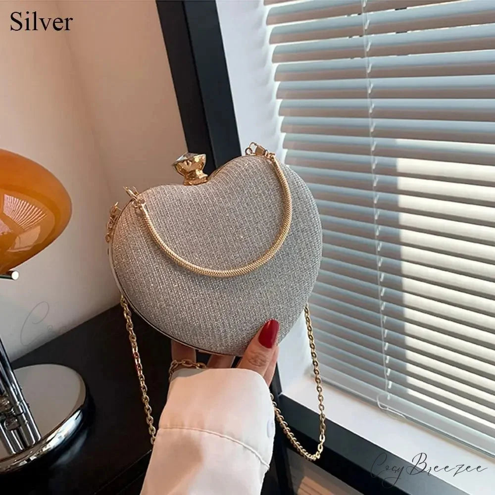 Shiny Heart Shape Evening Clutch Chain Shoulder Bag silver clutchbag-250126