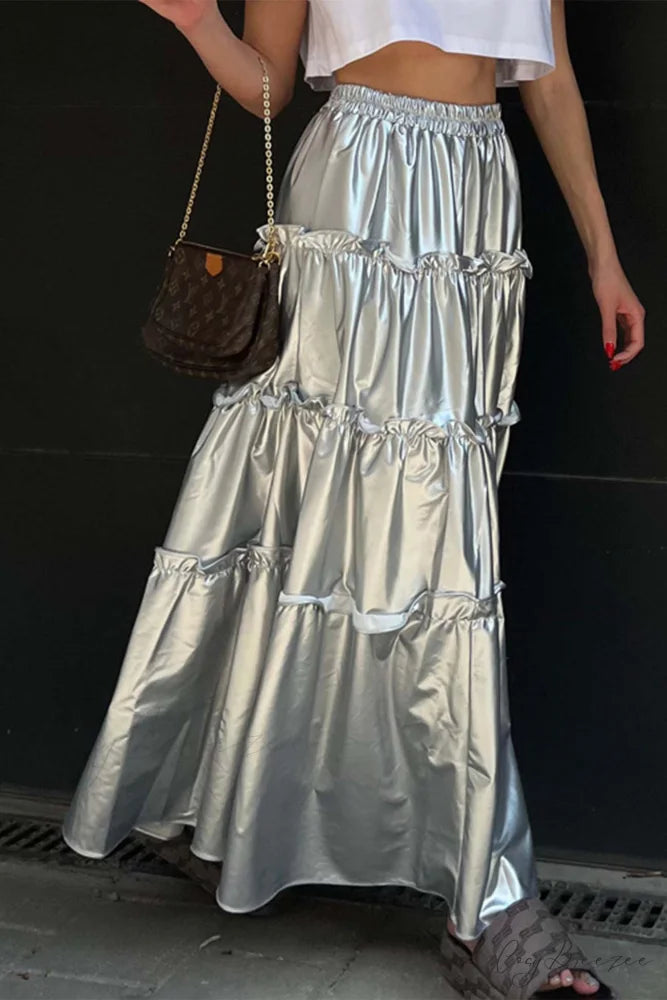 Shiny Ruched Layered Skirt Silver / L