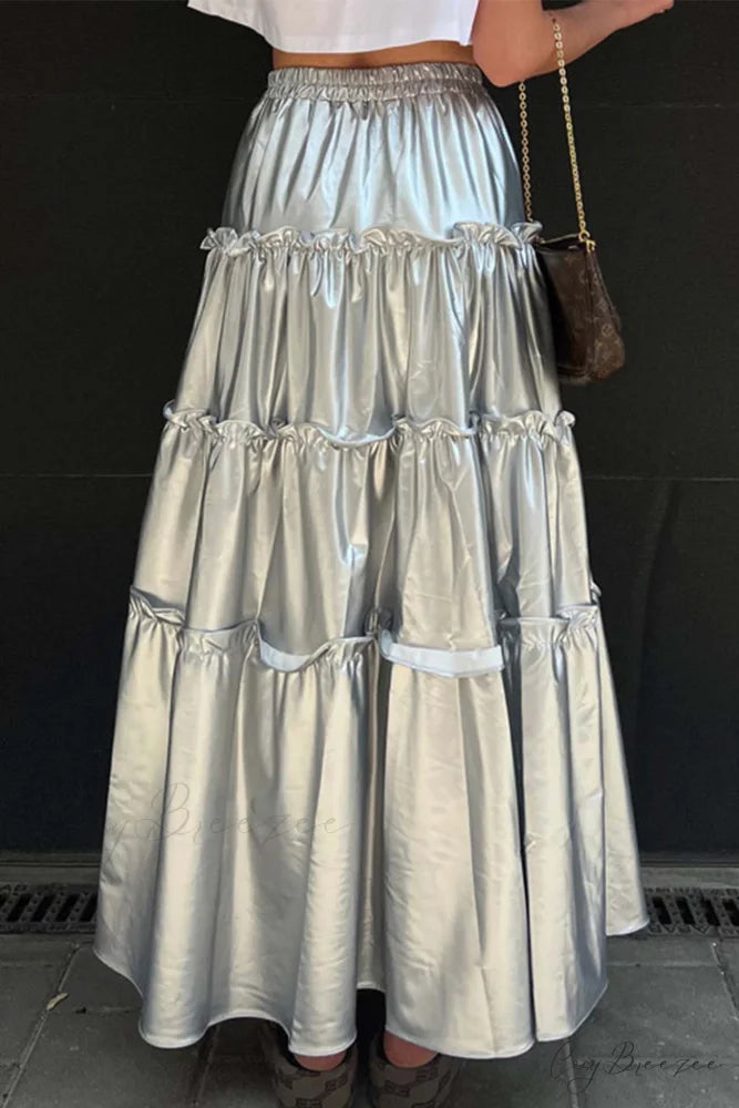 Shiny Ruched Layered Skirt Silver / M