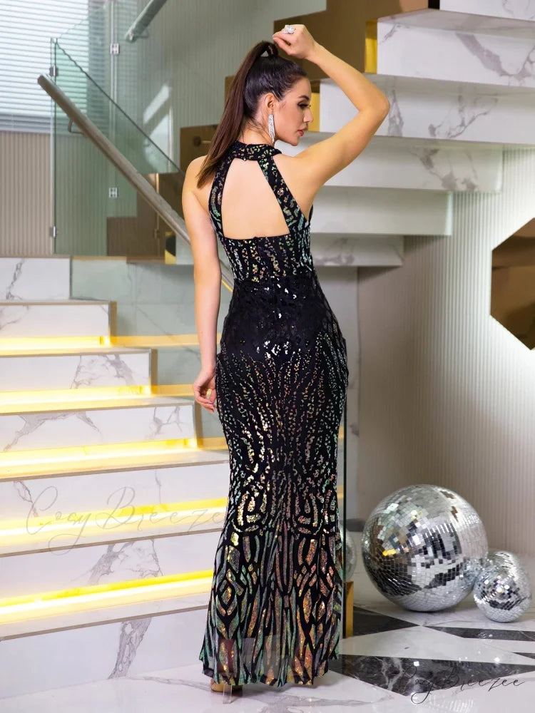 Shiny Sequined Slit Party Dress