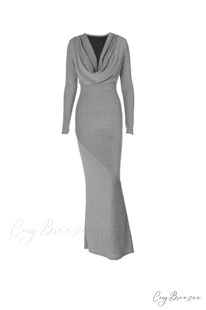 Shiny Silver Cowl Neck Silk Dress