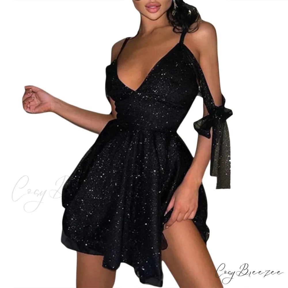 Shiny Slim Black V-Neck Party Dress