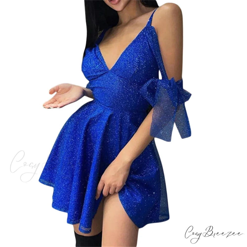 Shiny Slim Black V-Neck Party Dress Blue / S