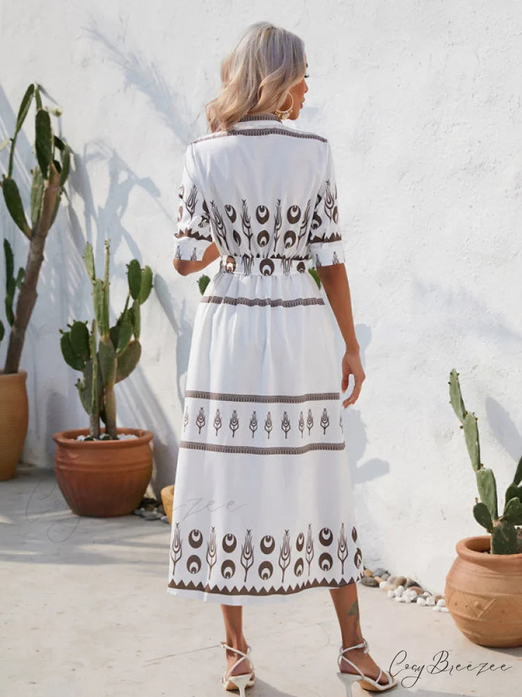 Shirred-waist Patterned Full-Length Crepe Gown for Three-quarter-sleeve Women