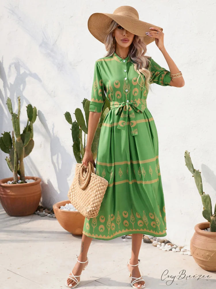 Shirred-waist Patterned Full-Length Crepe Gown for Three-quarter-sleeve Women Green / S