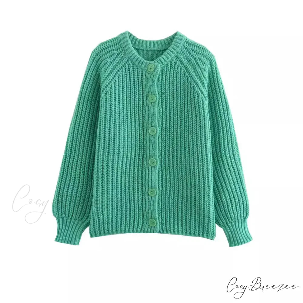 Short Cardigan with Round Neck Long Sleeve Fashionable Red Christmas Sweater Green / S