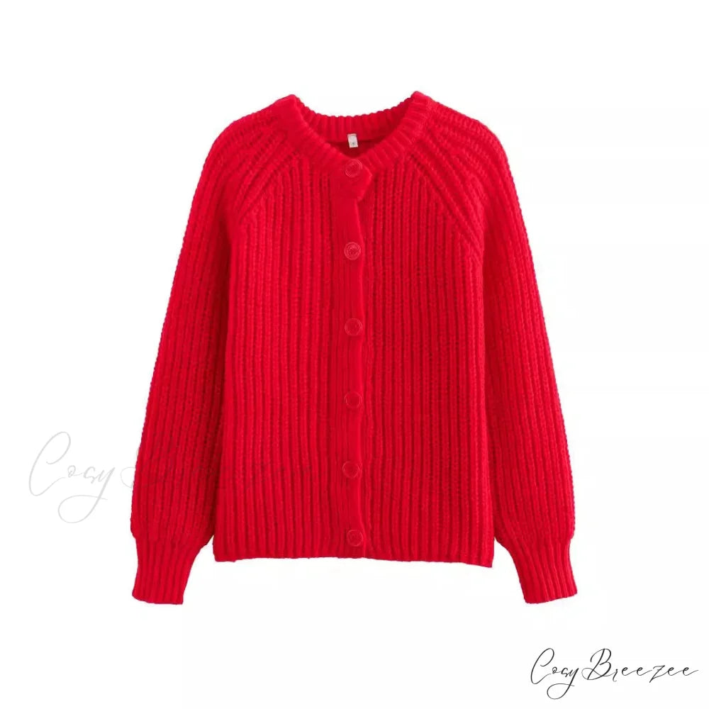 Short Cardigan with Round Neck Long Sleeve Fashionable Red Christmas Sweater Red / S