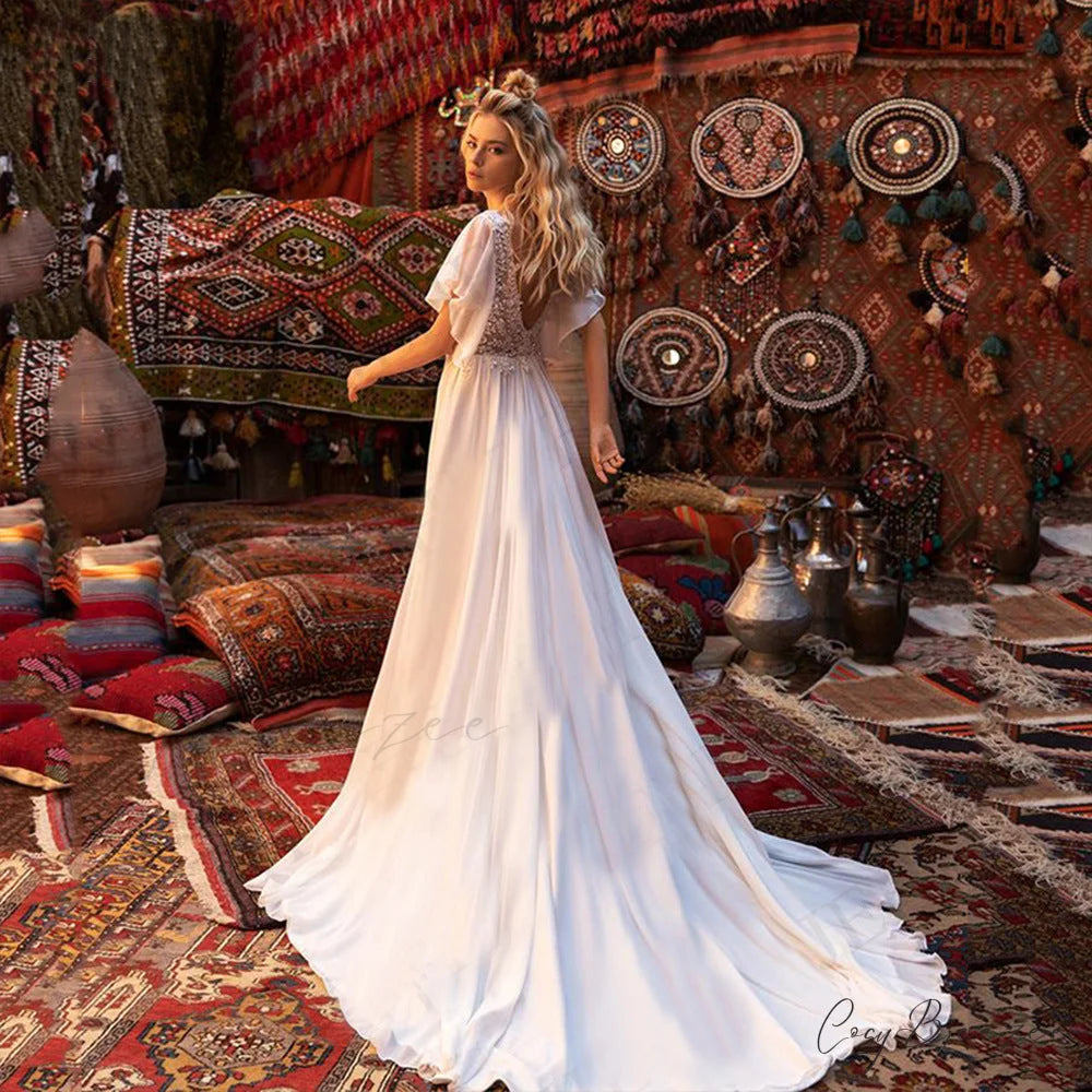 Short Sleeve Deep V-Neck Sheer Wedding Dress lvory white / 2 weddingdress-250223