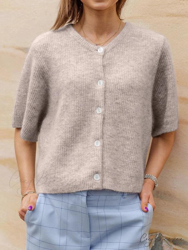 Short Sleeve Round Neck Button-Down Cardigan beige / S cardigans-241228