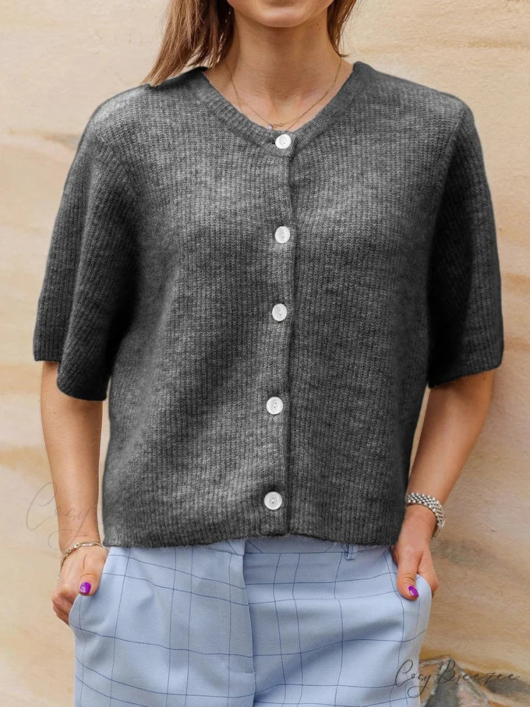 Short Sleeve Round Neck Button-Down Cardigan grey / S cardigans-241228
