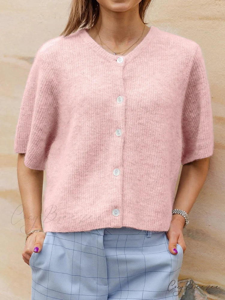 Short Sleeve Round Neck Button-Down Cardigan pink / S cardigans-241228