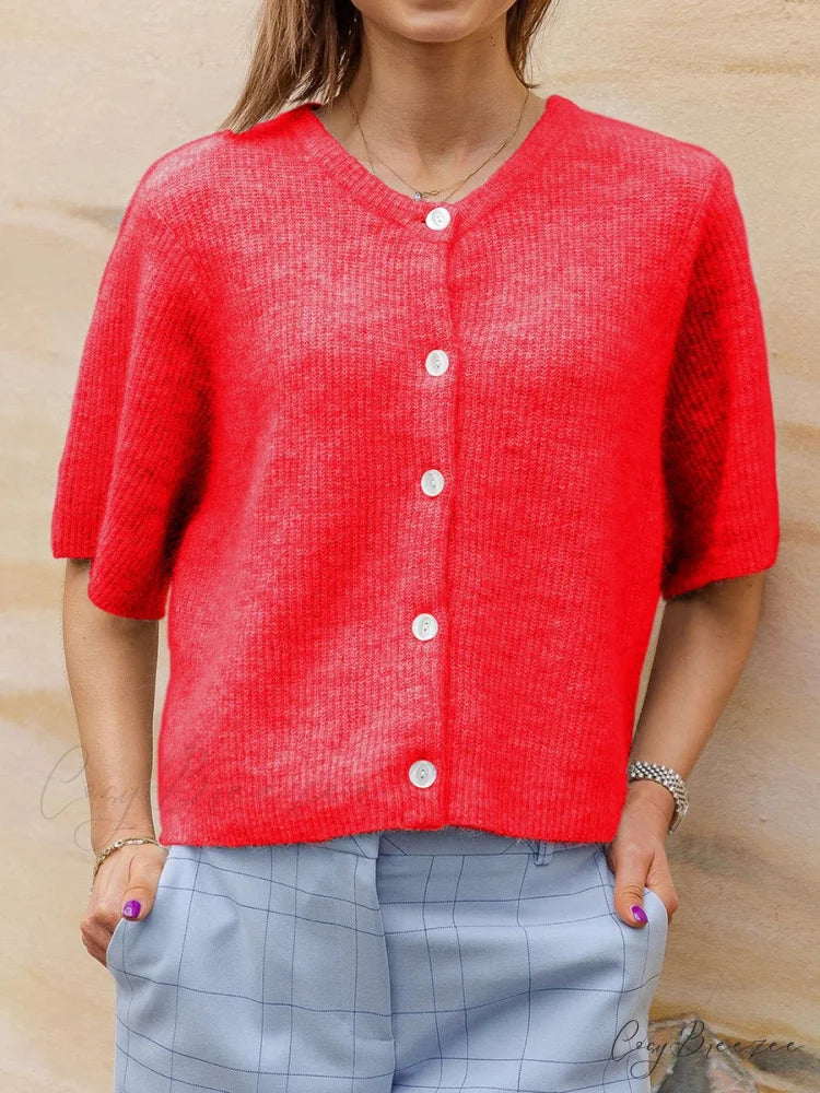 Short Sleeve Round Neck Button-Down Cardigan red / S cardigans-241228