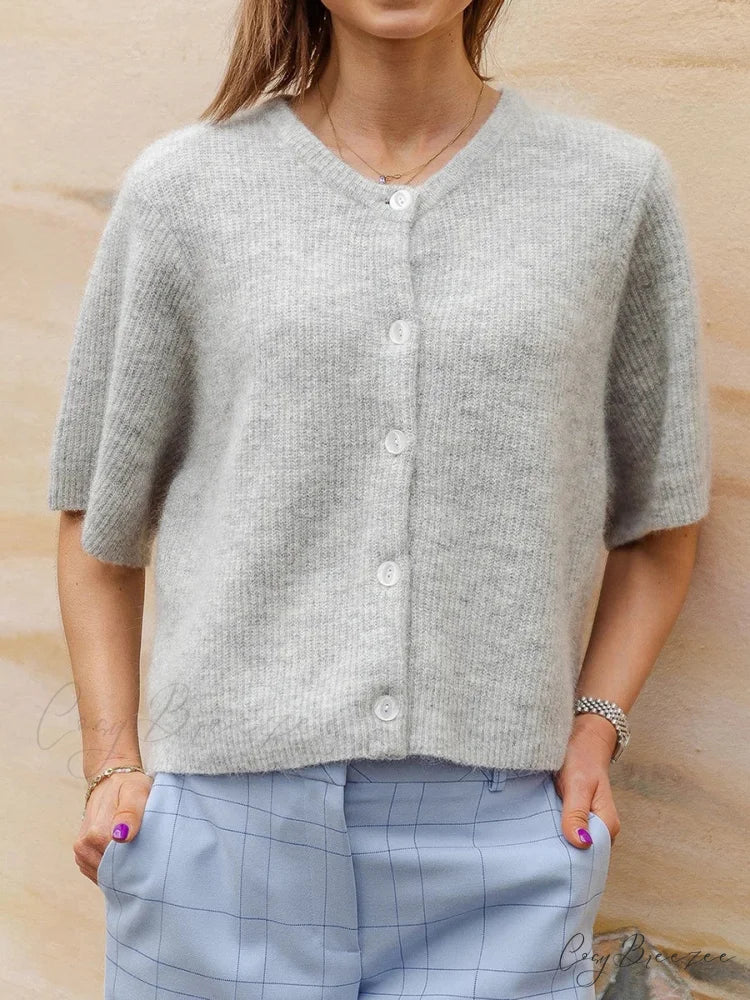 Short Sleeve Round Neck Button-Down Cardigan white / S cardigans-241228